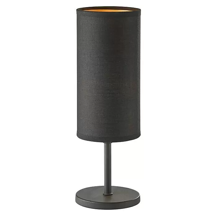 FHL easy Tischleuchte Kira - 25 W, L x B x H: 10 x 10 x 30 cm, Sandschwarz, Schwarz, E14 - Dunkle zylindrische Stofflampe mit Metallfuß und goldenem Innenfutter.