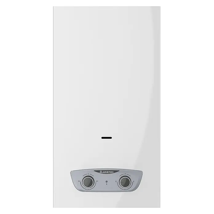 Ariston Calentador atmosférico Fast R X ONM - 21,5 kW, Caudal de agua: 11 l/min, Gas natural - Vista frontal de un calentador de agua Ariston, que ofrece tecnología de calefacción moderna para necesidades eficientes de agua caliente.