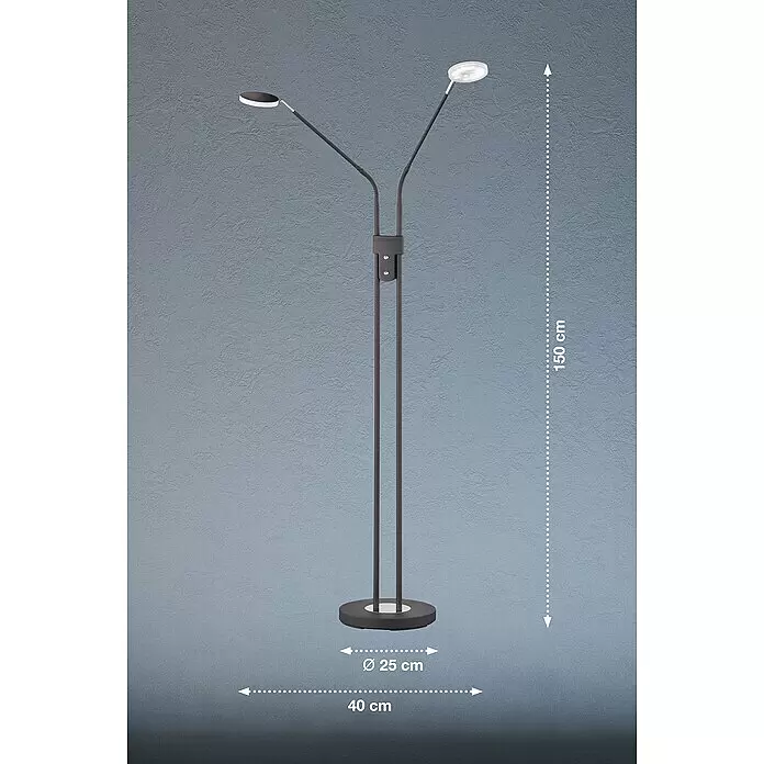 FHL easy Luna LED-Stehleuchte - 12 W, Höhe: 150 cm, Sandschwarz, Mehrfarbig, 2 Stk. - Dunkelgraue Stehleuchte aus Metall mit zwei verstellbaren LED-Köpfen für gerichtete Beleuchtung.
