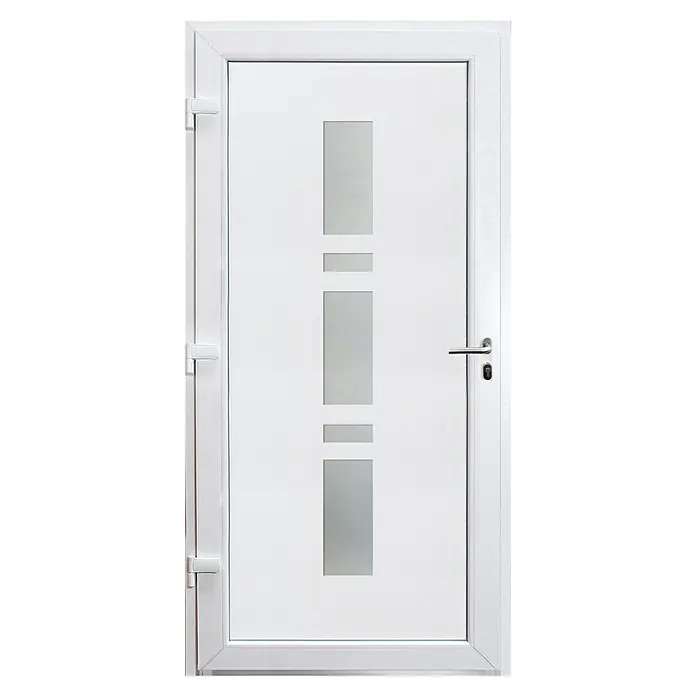 Panto Haustür Weser K 017 - 110 x 210 cm, DIN Anschlag: Links, Anthrazit/Weiß - Eine moderne, weiße Tür mit drei rechteckigen Glaseinsätzen, die für einen hellen und stilvollen Eingang sorgt. Zeitgemäßes Design.