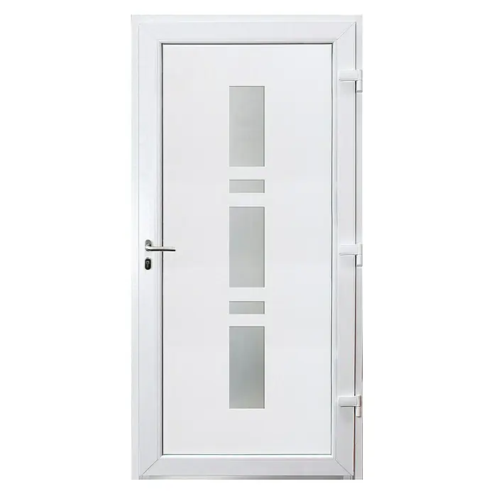 Panto Haustür Weser K 017 - 110 x 210 cm, DIN Anschlag: Rechts, Anthrazit/Weiß - Eine moderne weiße Tür mit vertikalen Glaseinsätzen, die für Helligkeit und stilvolles Design sorgt.