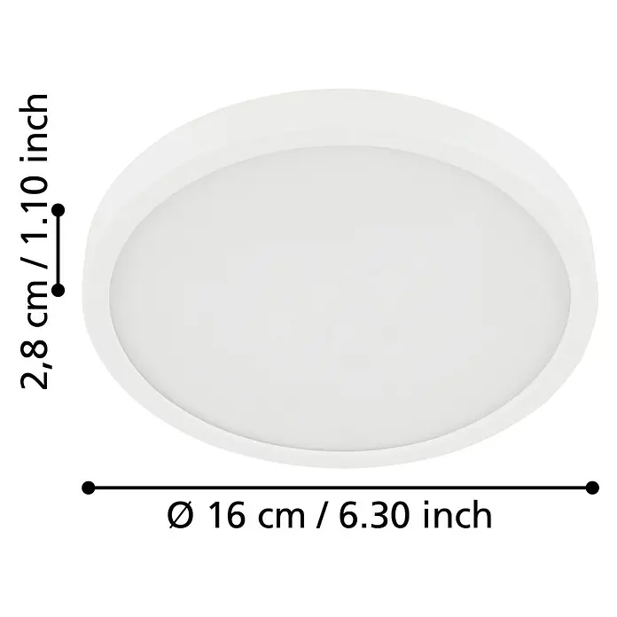 Eglo Fueva 5 LED-Deckenleuchte rund - Ø x H: 160 x 28 mm, Warmweiß - Abmessungen der LED-Deckenleuchte: 16 cm Durchmesser und 2,8 cm Höhe. Modernes, flaches Design für jede Raumgestaltung.