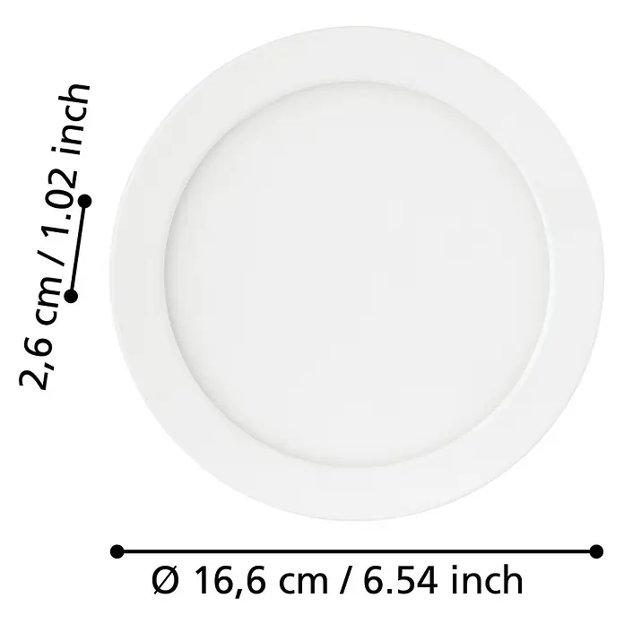 Eglo Fueva 5 LED-Einbauleuchte rund - 11 W, Neutralweiß, Ø x H: 16,6 x 2,5 cm - Abbildung einer runden LED-Deckenleuchte mit den Maßen 16,6 cm Durchmesser und 2,6 cm Höhe.