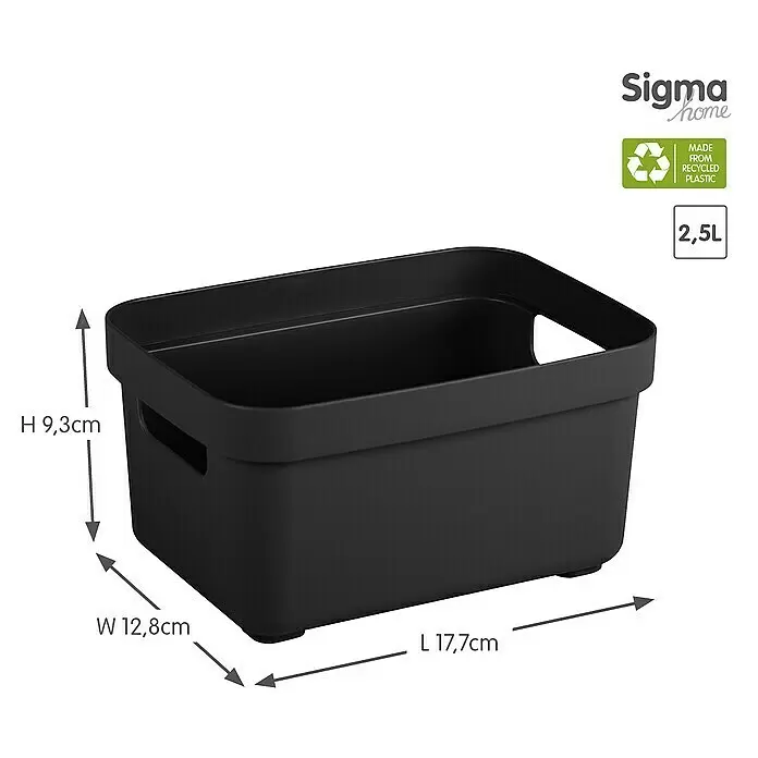 Sunware Aufbewahrungsbox Sigma Home - L x B x H: 17,7 x 12,8 x 9,3 cm, Kunststoff, Schwarz - Schwarzer, rechteckiger Aufbewahrungskorb aus recyceltem Kunststoff, 2,5L Volumen, Maße H 9,3cm, B 12,8cm, L 17,7cm.
