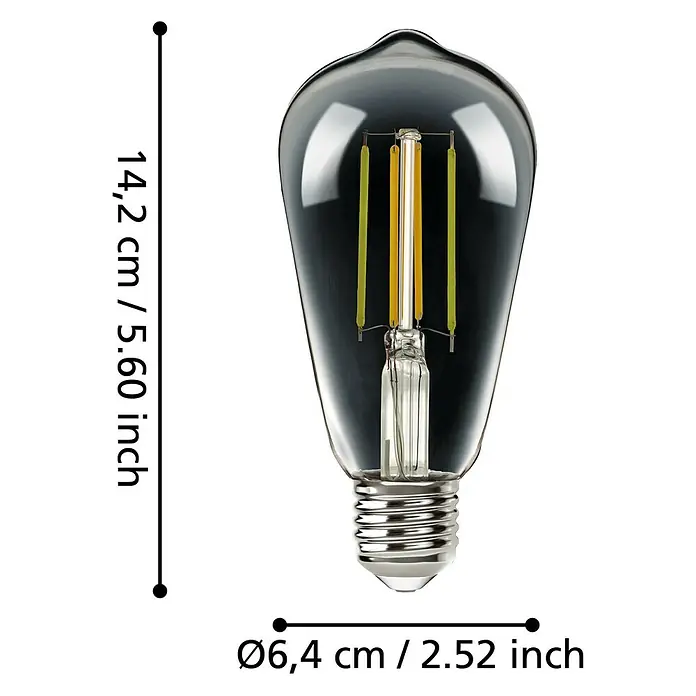 Eglo connect.z Smart-LED-Lampe - E27, Dimmbar, Neutralweiß, 806 lm - Produktbild einer Edison-Glühbirne mit Maßangaben.