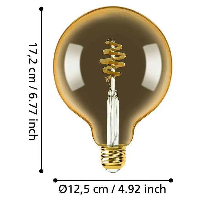 Eglo connect.z Smart-LED-Lampe - E27, Dimmbar, Warmweiß, 400 lm - Abbildung einer goldfarbenen Vintage-Glühbirne mit den Maßen 17,2 cm Höhe und 12,5 cm Durchmesser.