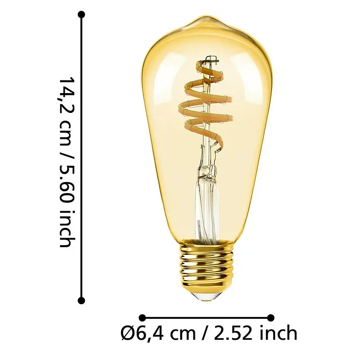 Eglo connect.z Smart-LED-Lampe Zigbee CCT - E27, Dimmbar, Warmweiß, 400 lm, 4,9 W - Abbildung einer goldenen Edison-Glühbirne mit gewendeltem Glühfaden und Größenangaben in cm und Zoll.