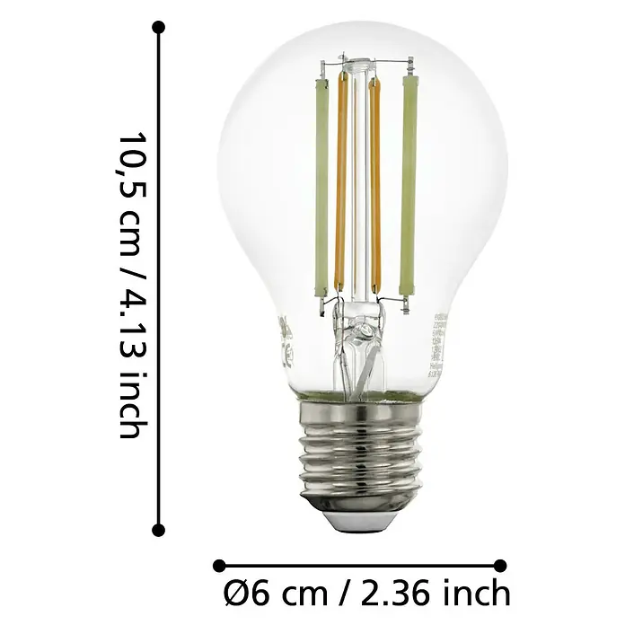 Eglo connect.z Smart-LED-Lampe A60 - E27, Dimmbar, Warmweiß, 806 lm, 6 W - Produktabbildung einer klaren Glühbirne, die 10,5 cm hoch und 6 cm breit ist, mit den Maßen in Zentimetern und Zoll.
