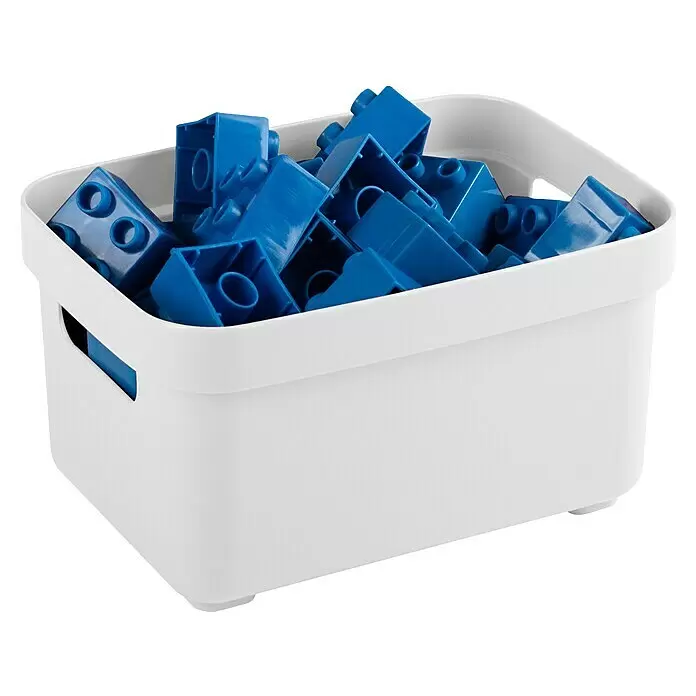 Sunware Aufbewahrungsbox Sigma Home - L x B x H: 17,7 x 12,8 x 9,3 cm, Kunststoff, Weiß - Weiße Aufbewahrungsbox gefüllt mit verschiedenen blauen Plastikbausteinen.
