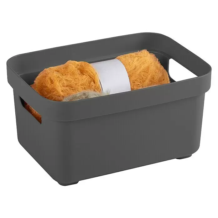 Sunware Aufbewahrungsbox Sigma Home - L x B x H: 17,7 x 12,8 x 9,3 cm, Kunststoff, Anthrazit - Dunkelgraue Kunststoff-Aufbewahrungsbox mit gelbem Garn gefüllt.