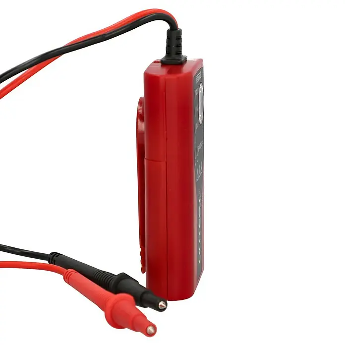 Benning Leitungsprüfer & Durchgangsprüfer Dutest Pro - 6 V - 400 V - Ein rotes digitales Multimeter mit Kabeln und Messspitzen zur Spannungsmessung in elektrischen Schaltkreisen.