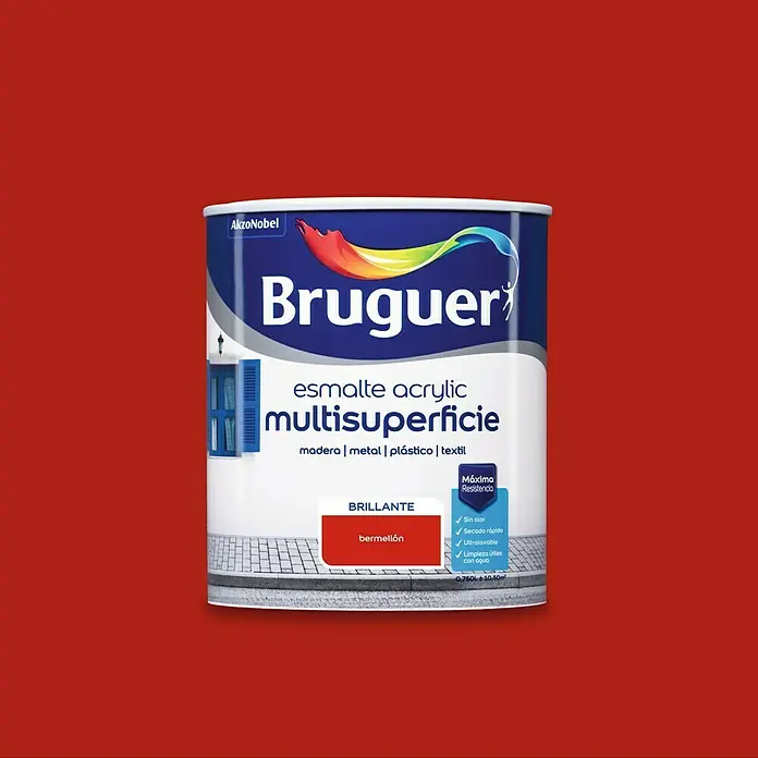 Bruguer Esmalte de color Acrylic multisuperficie - Bermellón, Brillante, 750 ml, Base de agua - Bote de pintura acrílica multi-superficie Bruguer en color "Bermellón" para madera, metal, plástico y textiles, con alta cobertura y secado rápido.