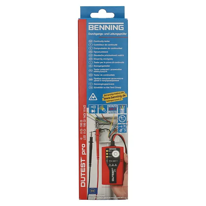 Benning Leitungsprüfer & Durchgangsprüfer Dutest Pro - 6 V - 400 V - Verpackung des BENNING DUTEST® pro Durchgangs- und Leitungsprüfers mit technischen Details und Anwendungsbeispielen.