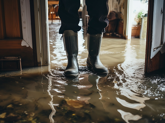 Symbolbild Wasserschaden trocknen: Person mit Gummistiefeln in überflutetem Haus