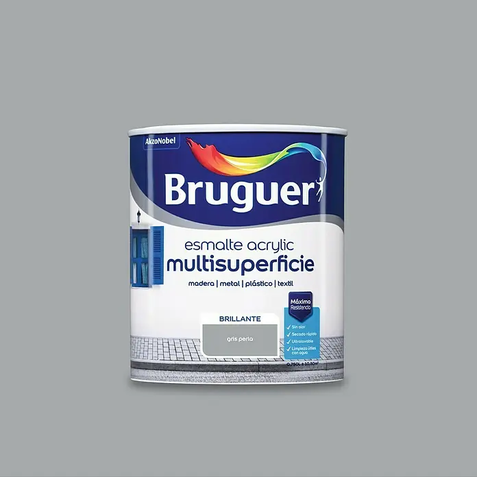Bruguer Esmalte de color Acrylic multisuperficie - Gris perla, Brillante, 750 ml, Base de agua - Bote de pintura multiusos acrílica Bruguer "gris perla" para madera, metal, plástico y textiles, brillante y resistente.
