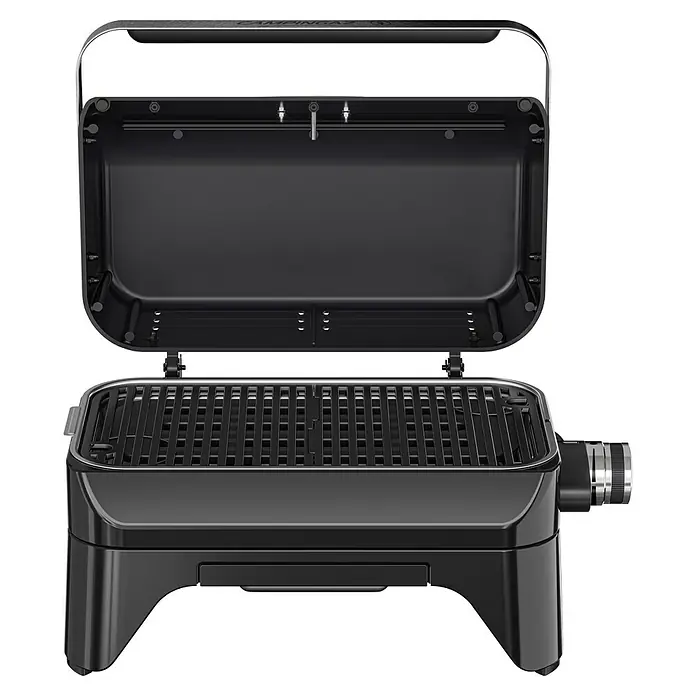 Campingaz Barbacoa eléctrica Attitude 2GO - Superficie de la parrilla (An x Pr): 48 x 26 cm, 2.200 W - Vista del producto de la barbacoa de gas portátil, ideal para camping y actividades al aire libre. La barbacoa tiene una superficie de cocción y control de temperatura.