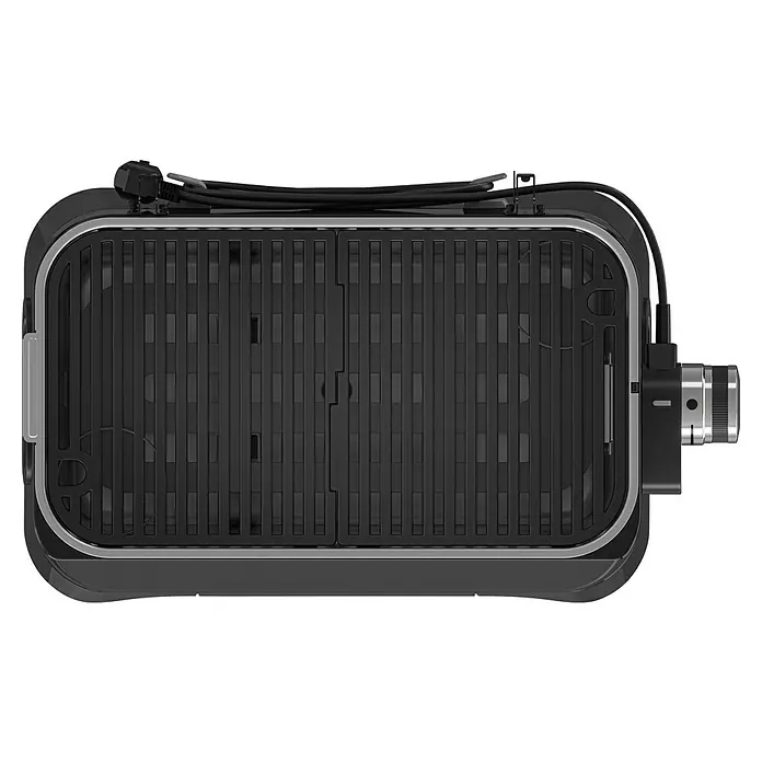 Campingaz Barbacoa eléctrica Attitude 2GO - Superficie de la parrilla (An x Pr): 48 x 26 cm, 2.200 W - Vista superior de una parrilla eléctrica negra y elegante con rejillas para asar y un selector de temperatura. Ideal para asar en interiores de forma limpia.