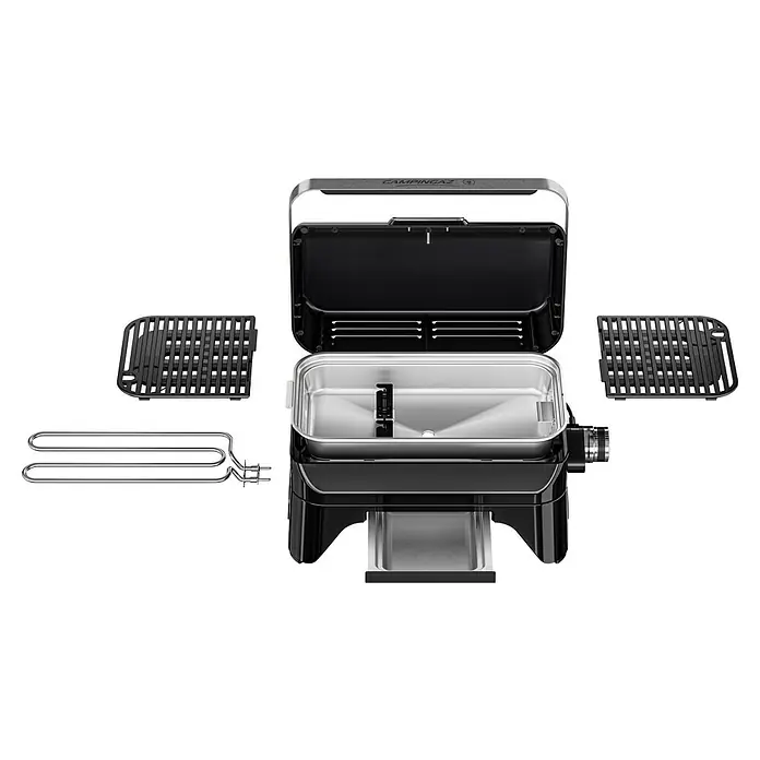 Campingaz Barbacoa eléctrica Attitude 2GO - Superficie de la parrilla (An x Pr): 48 x 26 cm, 2.200 W - Imagen de una parrilla Campingaz, que muestra una solución de parrilla compacta y portátil para cocinar al aire libre.