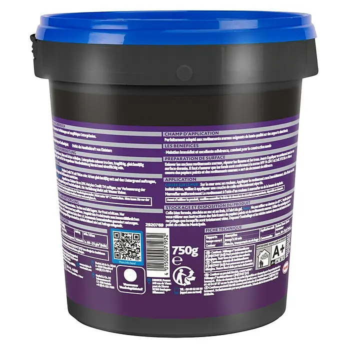 Metylan Tapetenkleister Ovalit TM - 750 g - Produktansicht eines grauen Eimers mit blauem Deckel und Produktinformationen auf der Seite.