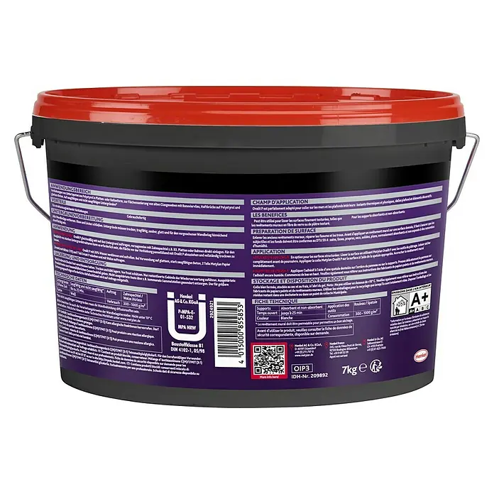 Metylan Styroporkleber Ovalit P - 7.000 g - Closeup of a Henkel Ovalit P bucket, ideal for interior walls and ceilings. Features technical data and application details.