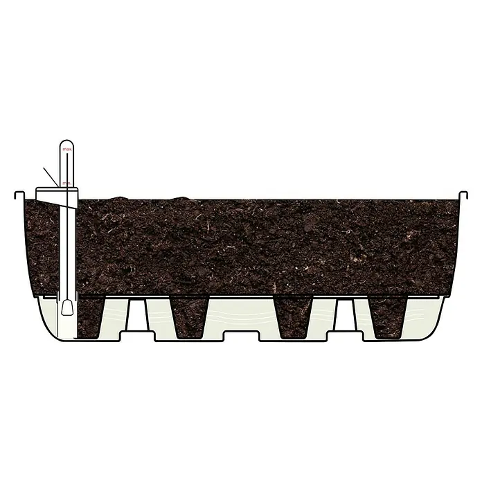 Upyard Bewässerungssystem - Passend für: Holzaufsatzrahmen 80 x 60 cm - Illustration eines Pflanzkastens mit Erdreich und einem Wasserstandsanzeiger, der den minimalen und maximalen Füllstand markiert.