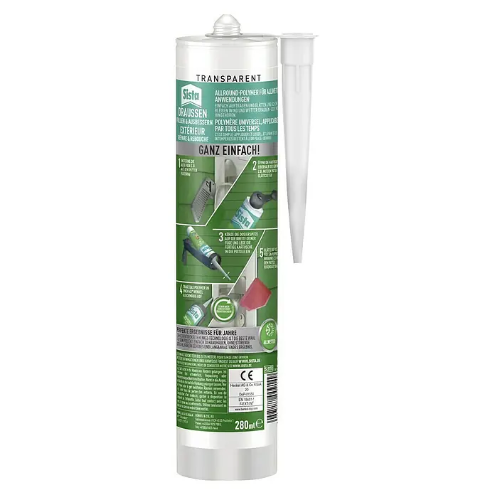Sista Fugendichtstoff Draussen Füllen & Ausbessern - Transparent, 280 ml, Wasserbasiert - Sista Transparent Allround-Polymer für Allwetter-Anwendungen. Zum Füllen und Ausbessern im Aussenbereich.