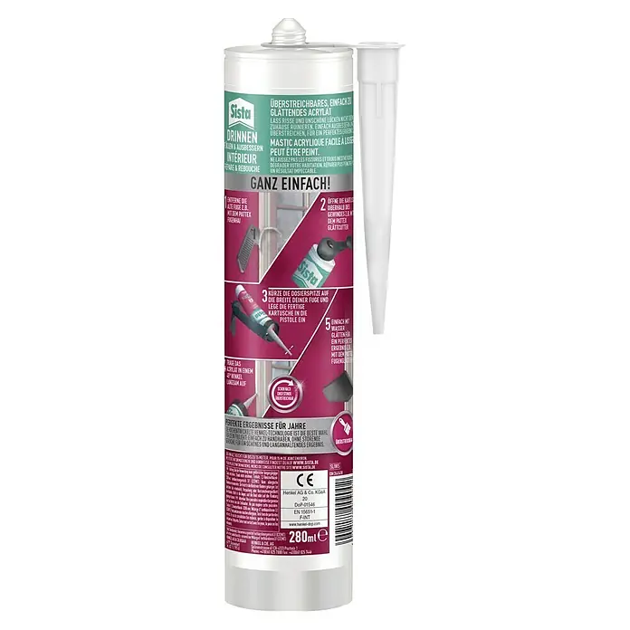Sista Acryl-Dichtmasse Drinnen - Weiß, 280 ml - Sista Acrylat-Dichtmasse: Überstreichbare Acryl-Dichtmasse für den Innenbereich zum Füllen und Ausbessern von Rissen und Fugen für perfekte Ergebnisse.