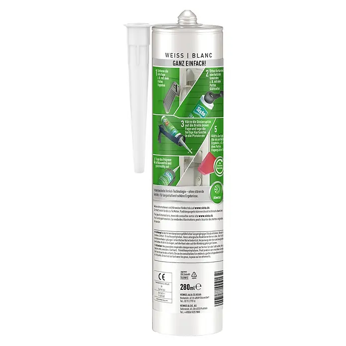 Sista Fugendichtstoff Draussen Füllen & Ausbessern - Weiß, 280 ml, Wasserbasiert - Dose Sista Fugen-Dichtstoff in Weiß. Die Anleitung zeigt, wie man Fugen erneuert, mit Hinweisen zur Anwendung und Sicherheitshinweisen.