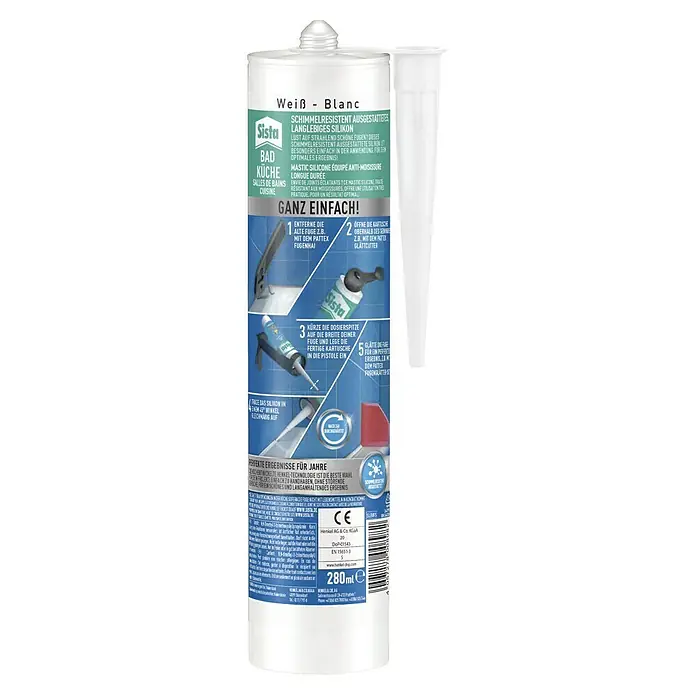 Sista Küchen-Silikon Bad & Küche - Weiß, 280 ml - Weiße Sista Bad & Küche Silikonkartusche, schimmelresistent und langlebig für strahlend schöne Fugen in Bad und Küche.