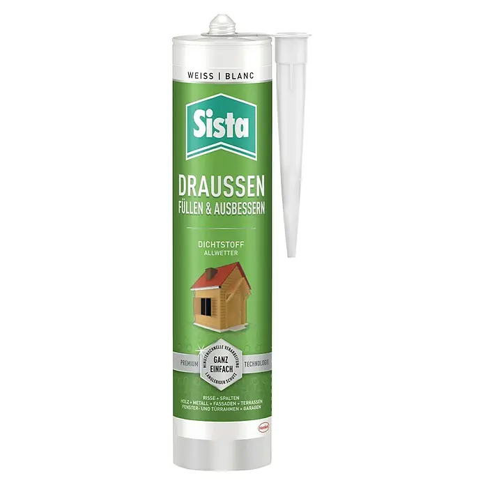 Sista Fugendichtstoff Draussen Füllen & Ausbessern - Weiß, 280 ml, Wasserbasiert - Sista Draussen Dichtstoff, eine Allwetter-Dichtmasse in Weiß, ideal zum Füllen und Ausbessern von Rissen und Spalten im Außenbereich.