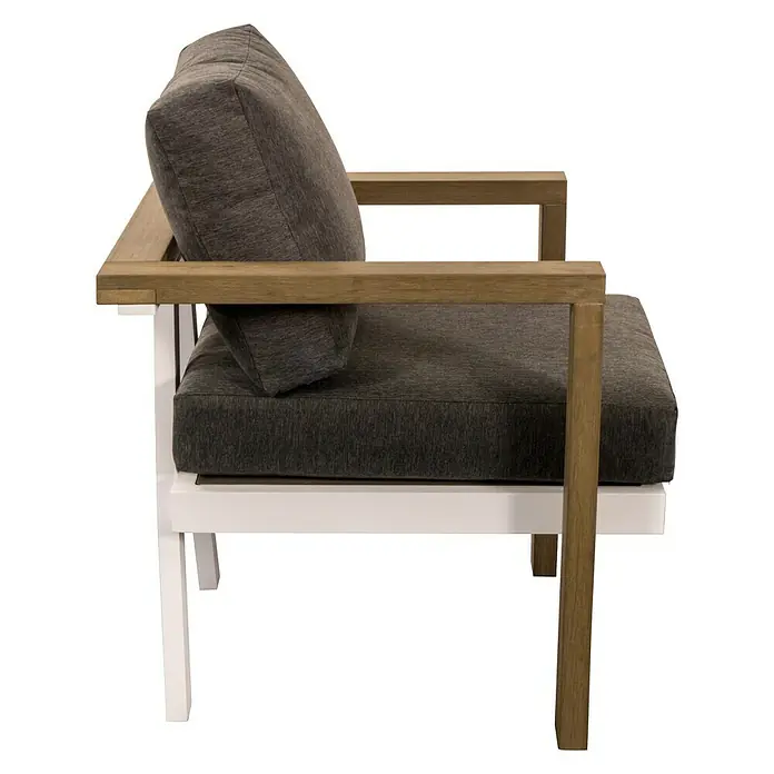Sunfun Conjunto de muebles Morgana - 4 pzs., Enviro Imitation Wood® / Aluminio, Marrón/Blanco - Elegante sillón lounge con estructura de madera y cojines grises para máxima comodidad.