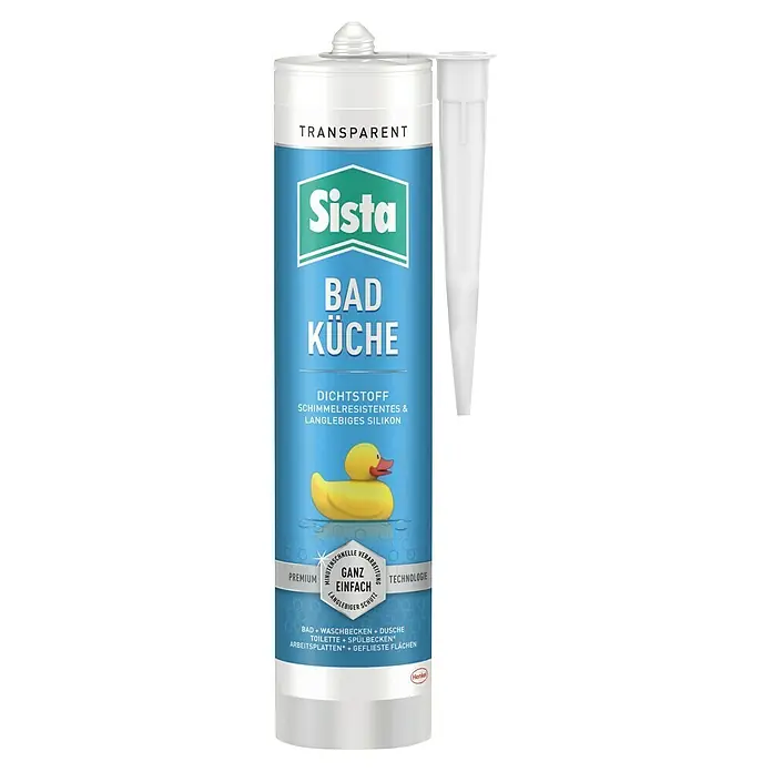 Sista Küchen-Silikon Bad & Küche - Transparent, 280 ml - Produktbild einer Kartusche Sista Bad Küche Transparent, einem transparenten Silikon-Dichtstoff für Bad und Küche.