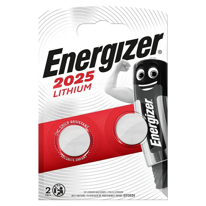 Energizer Knopfzelle - CR2025, 3 V, 2 Stk. - Eine Packung Energizer 2025 Lithium-Knopfzellenbatterien, 2 Stück, mit Kindersicherung und Haltbarkeitsdatum.