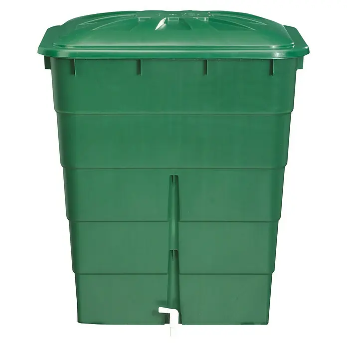 Garantia Basic Line Tonel para lluvia Rectangular - 300 l, Verde - Tanque de agua de lluvia verde con tapa y grifo para riego de jardín. Ideal para un uso ecológico del agua.