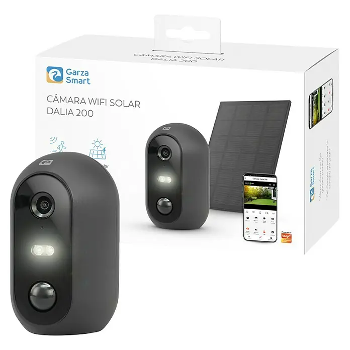 Garza Smart Home Cámara de vigilancia solar Dalia 200 - Negro, Ángulo de detección: 140 ° - El conjunto Garza Smart CÁMARA WIFI SOLAR DALIA 200 incluye una cámara de seguridad, un panel solar y el embalaje del producto.