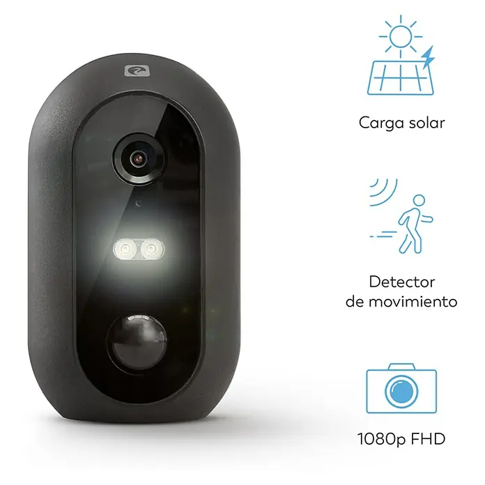 Garza Smart Home Cámara de vigilancia solar Dalia 200 - Negro, Ángulo de detección: 140 ° - Imagen de una cámara de seguridad inalámbrica con carga solar, detección de movimiento y resolución 1080p FHD para exteriores.