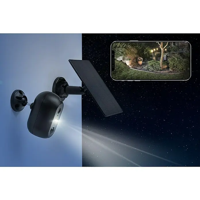 Garza Smart Home Cámara de vigilancia solar Dalia 200 - Negro, Ángulo de detección: 140 ° - La imagen muestra una cámara de seguridad inalámbrica con panel solar y visión nocturna, controlada mediante una aplicación para teléfonos inteligentes.