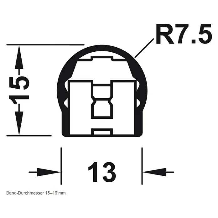 Fingerschutz Athmer BU-16K+ - 1.755 mm, Silber, Passend für: Banddurchmesser: 15 – 16 mm - Produktdarstellung: Abbildung eines Bauteils mit Maßangaben, einschließlich R7.5, 15 und 13, zur detaillierten Spezifikation.