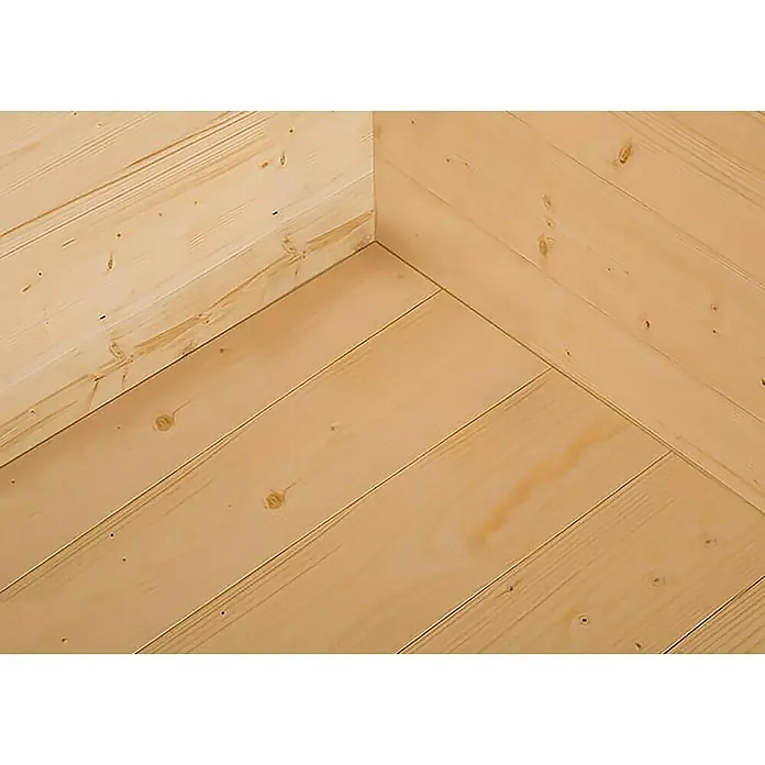 Weka Fußboden - Holz, 5,954 m², Passend für: Weka Gartenhaus 209 B x T: 288 x 284 cm - Detailansicht eines Zimmers mit hellen Holzpaneelen an Wänden und Boden, die eine warme und natürliche Atmosphäre schaffen.