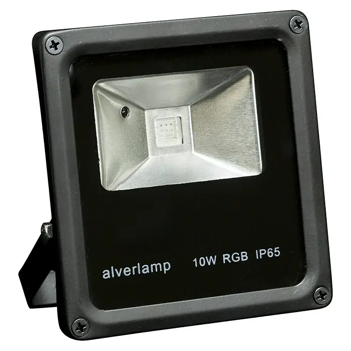 Alverlamp Proyector LED LPRO10RGB - 10 W - Primer plano de una luz exterior Alverlamp 10W RGB IP65 con carcasa negra y reflector plateado.