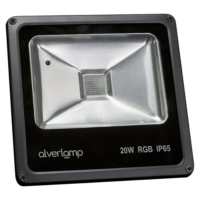 Alverlamp Proyector LED LPRO20RGB - 20 W - Primer plano de un foco LED Alverlamp de 20W RGB IP65, conocido por su tecnología LED energéticamente eficiente y su construcción robusta.