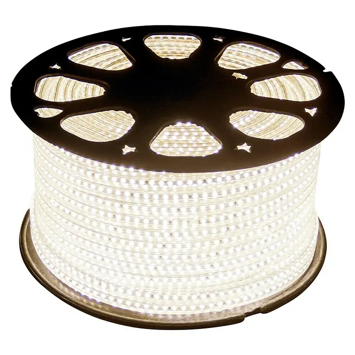 Alverlamp Tira LED LT220 - Largo: 100 m, Color de luz: Blanco cálido, 12 W - Primer plano de una bobina de luces LED que emiten un brillo fuerte y brillante, perfectas para iluminación decorativa y acentuar espacios.