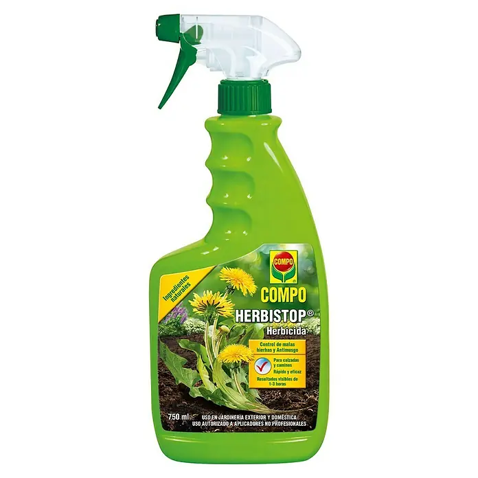 Compo Herbicida Herbistop - 750 ml - Un bote de spray verde de Compo Herbistop® Herbicida para el control de malas hierbas con ingredientes naturales para uso en exteriores.