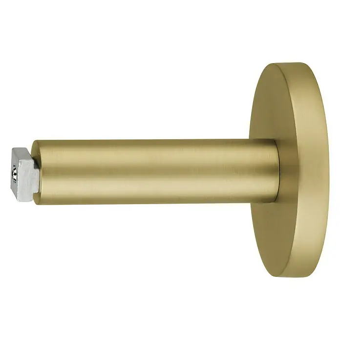 Expo Ambiente Träger Match - Messingoptik matt, Geeignet für: Gardinenstangen Ø 25 mm, 8 cm - Nahaufnahme einer goldenen Gardinenstange mit einer runden Halterung und einem quadratischen silbernen Befestigungselement.