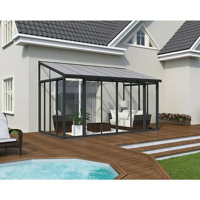 Palram – Canopia Wintergarten San Remo - B x T x H: 4,25 x 3 x 3,1 m, Anthrazitgrau - Moderne Terrassenüberdachung aus Glas und Metall, die einen stilvollen und wettergeschützten Außenbereich schafft. Ideal für Entspannung im Freien.
