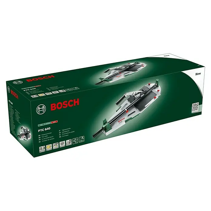 Bosch Fliesenschneider PTC 640 - Max. Schnittlänge: 640 mm - Produktverpackung des Bosch PTC 640 Fliesenschneiders. Das Gerät ist mit dem Bosch-Logo und dem Hinweis "Neu" versehen.
