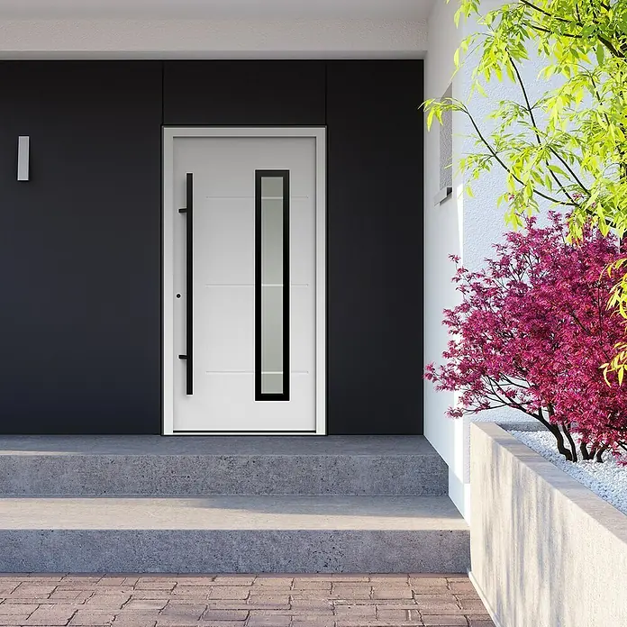 Gerda Haustür Thermo Prime 75 Garda - 110 x 210 cm, DIN Anschlag: Links, Weiß, Schwarze Details - Moderne Haustür in Weiß mit schwarzem Akzent und langem Griff. Das schlichte Design fügt sich nahtlos in die Fassade ein und sorgt für einen stilvollen Eingang.