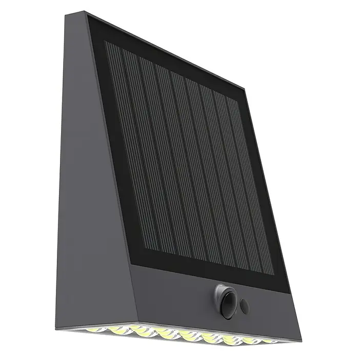 Arte confort Aplique solar LED para exterior Muxia - 6,25 W, Blanco neutro - Imagen de una lámpara de pared solar gris moderna con iluminación LED y sensor de movimiento para uso exterior.