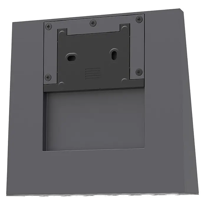 Arte confort Aplique solar LED para exterior Muxia - 6,25 W, Blanco neutro - Primer plano de un soporte de dispositivo gris con placa de montaje y tornillos, ideal para fijar dispositivos electrónicos de forma segura.