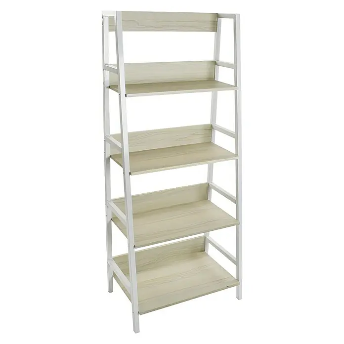 Versa Estantería de madera - Al x An x Pr: 154 x 65 x 40 cm, Número de baldas: 4 ud., Atornillado, Natural/Blanco - Foto de una estantería independiente con cinco estantes y estructura metálica blanca.